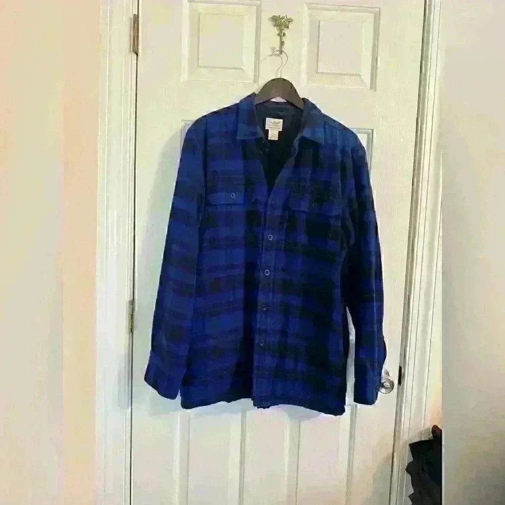 L.L. Bean men’s flannel fleece lined size medium blue black plaid